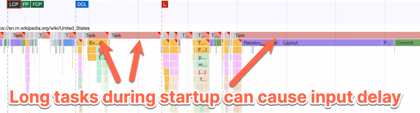 Chrome's performance profiler showing many long tasks during page startup.