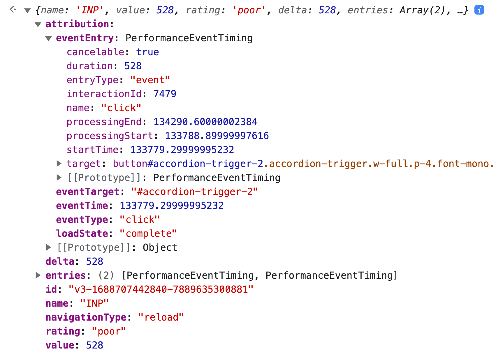 An expanded JSON object showing "attribution", "entries", "id", "name", "navigationType", "rating", and "value" top-level keys.