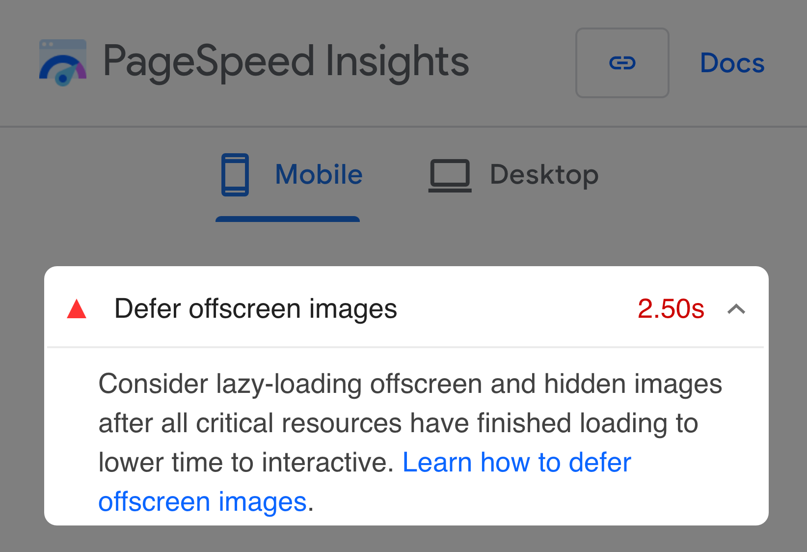 Lighthouse report that shows a failed 'defer offscreen images' audit.