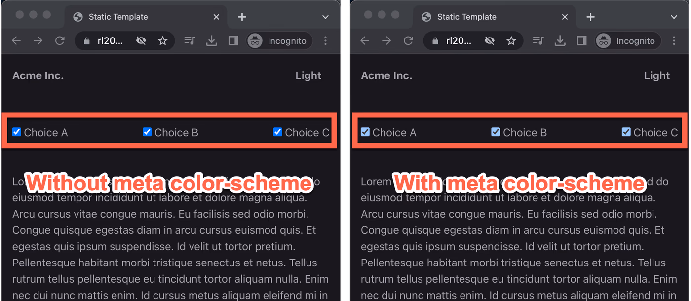 Side-by-side comparison of the site with meta color-scheme tag vs. site without meta color-scheme tag. Using the meta color-scheme tag applies a lighter blue color to the checkboxes.