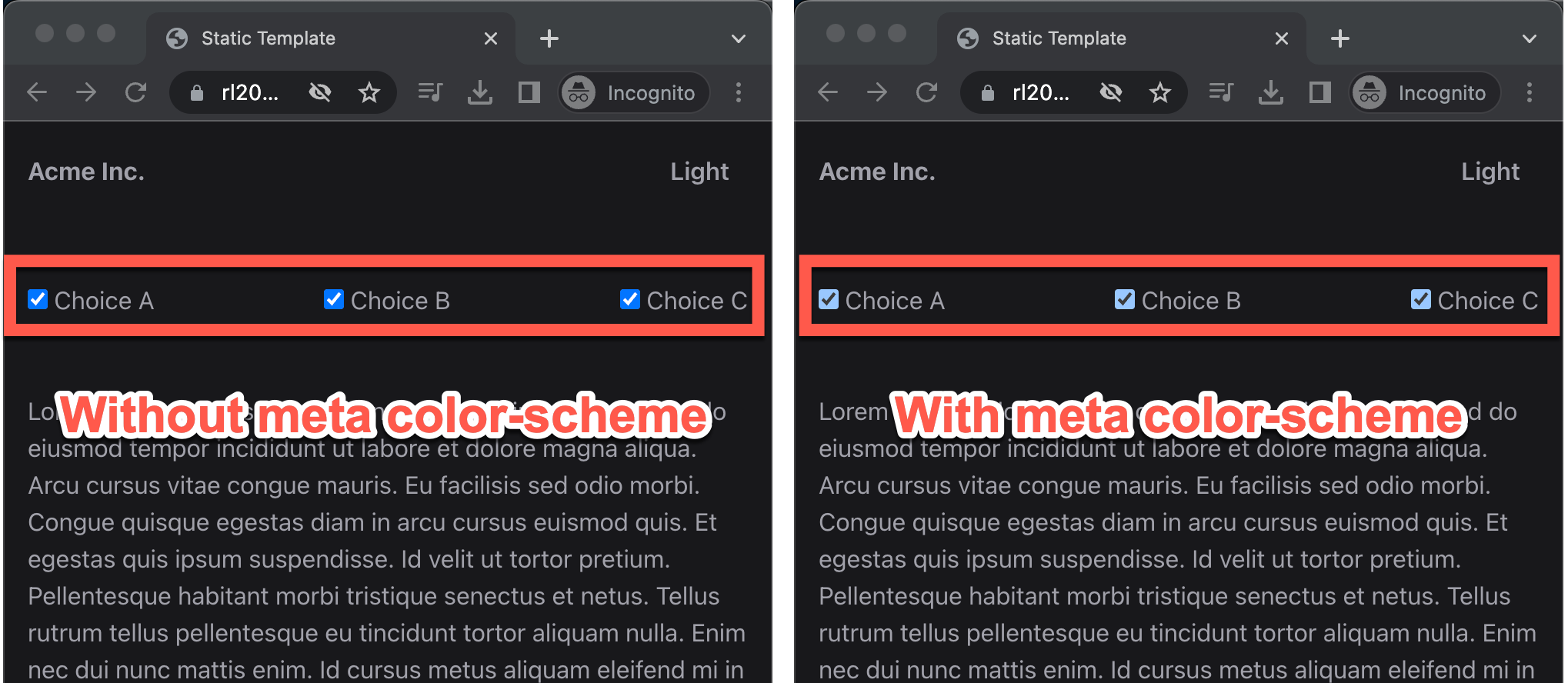 Side-by-side comparison of the site with meta color-scheme tag vs. site without meta color-scheme tag. Using the meta color-scheme tag applies a lighter blue color to the checkboxes.