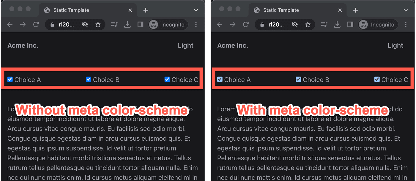Side-by-side comparison of the site with meta color-scheme tag vs. site without meta color-scheme tag. Using the meta color-scheme tag applies a lighter blue color to the checkboxes.