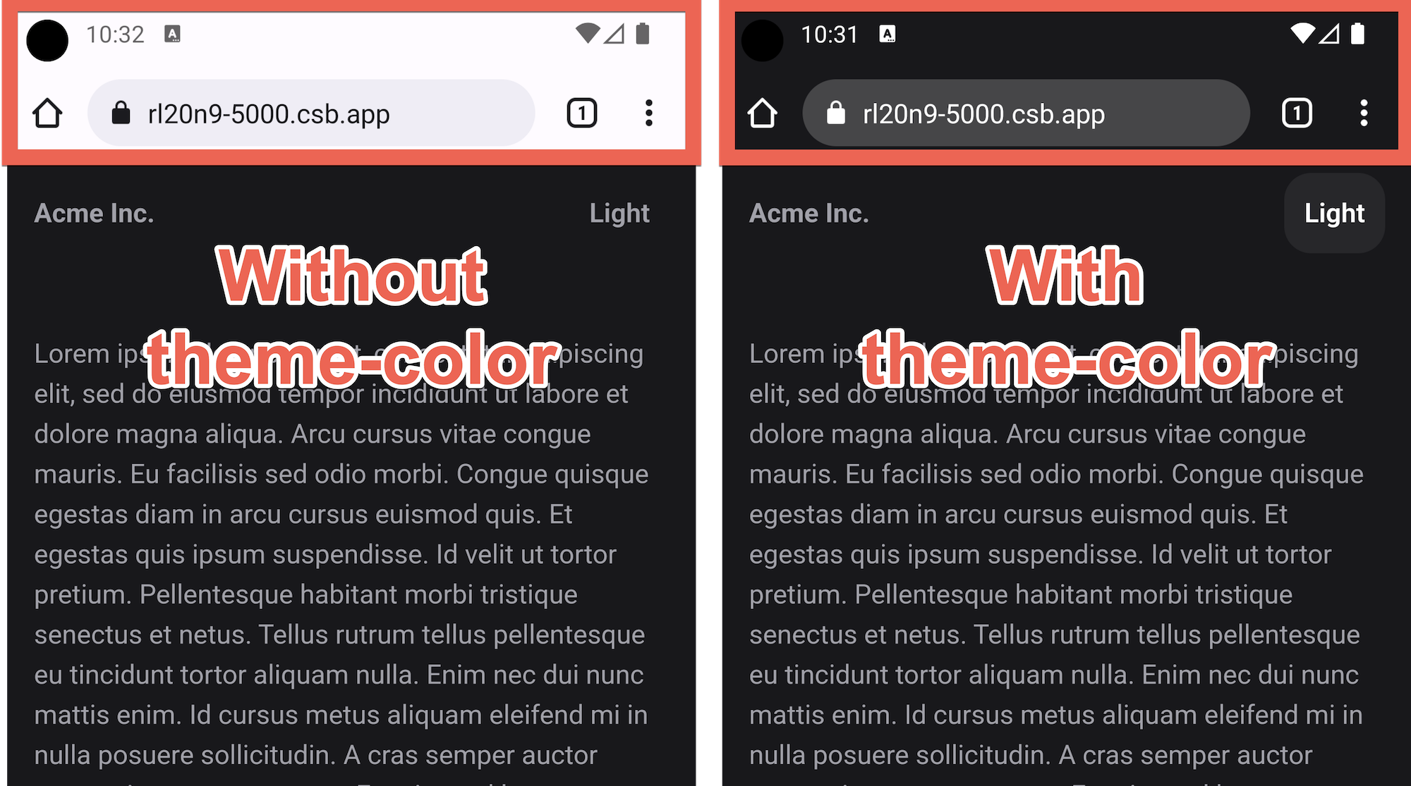 Side-by-side comparison of a site with the meta theme-color tag vs. a site without the meta theme-color tag. The meta theme-color applies a specified color to the browser's interface around the website.