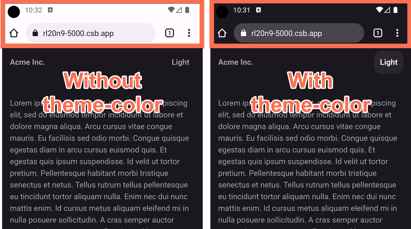 Side-by-side comparison of a site with the meta theme-color tag vs. a site without the meta theme-color tag. The meta theme-color applies a specified color to the browser's interface around the website.