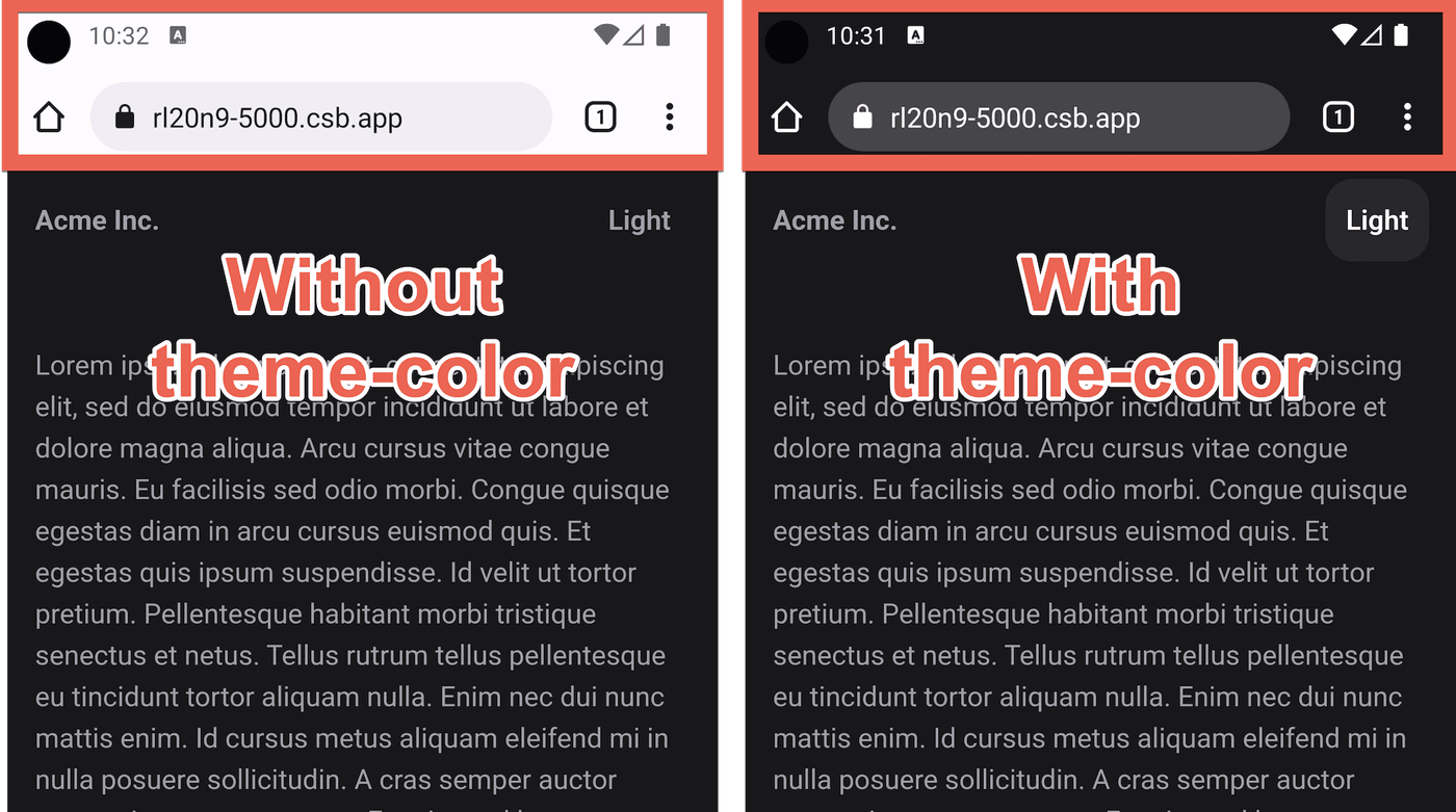 Side-by-side comparison of a site with the meta theme-color tag vs. a site without the meta theme-color tag. The meta theme-color applies a specified color to the browser's interface around the website.
