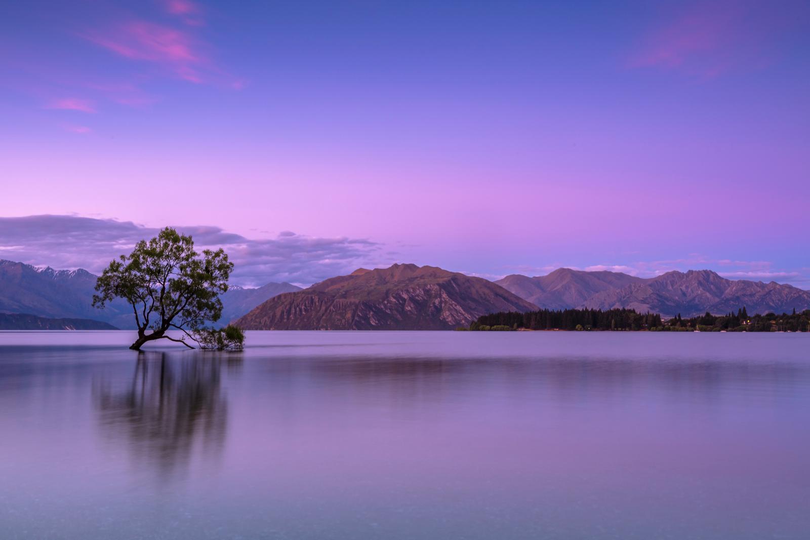 New Zealand lake at dusk with purple hue and mountains in the background.