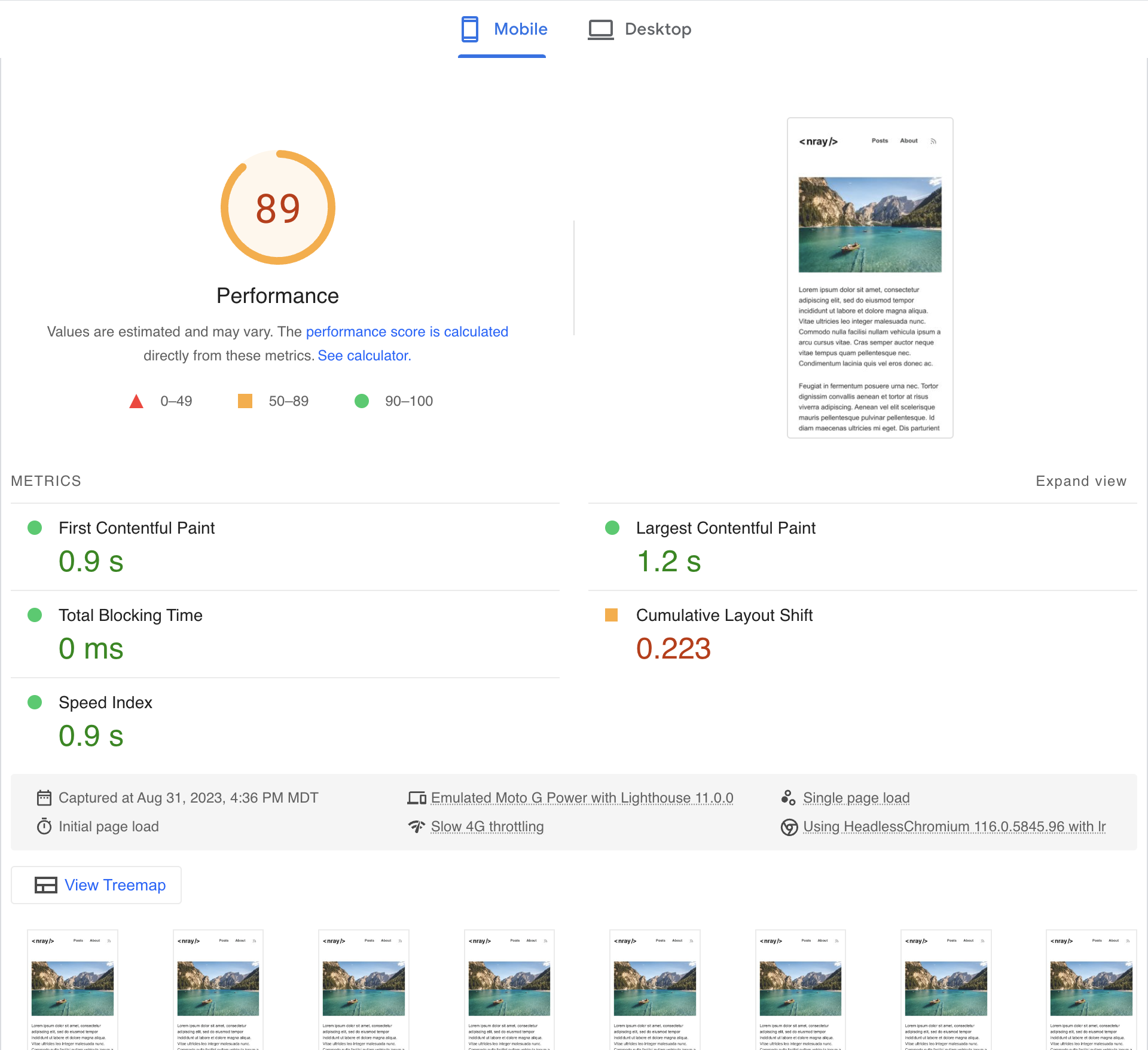 PageSpeed Insights report showing an 89 total score and 0.223 Cumulative Layout Shift.