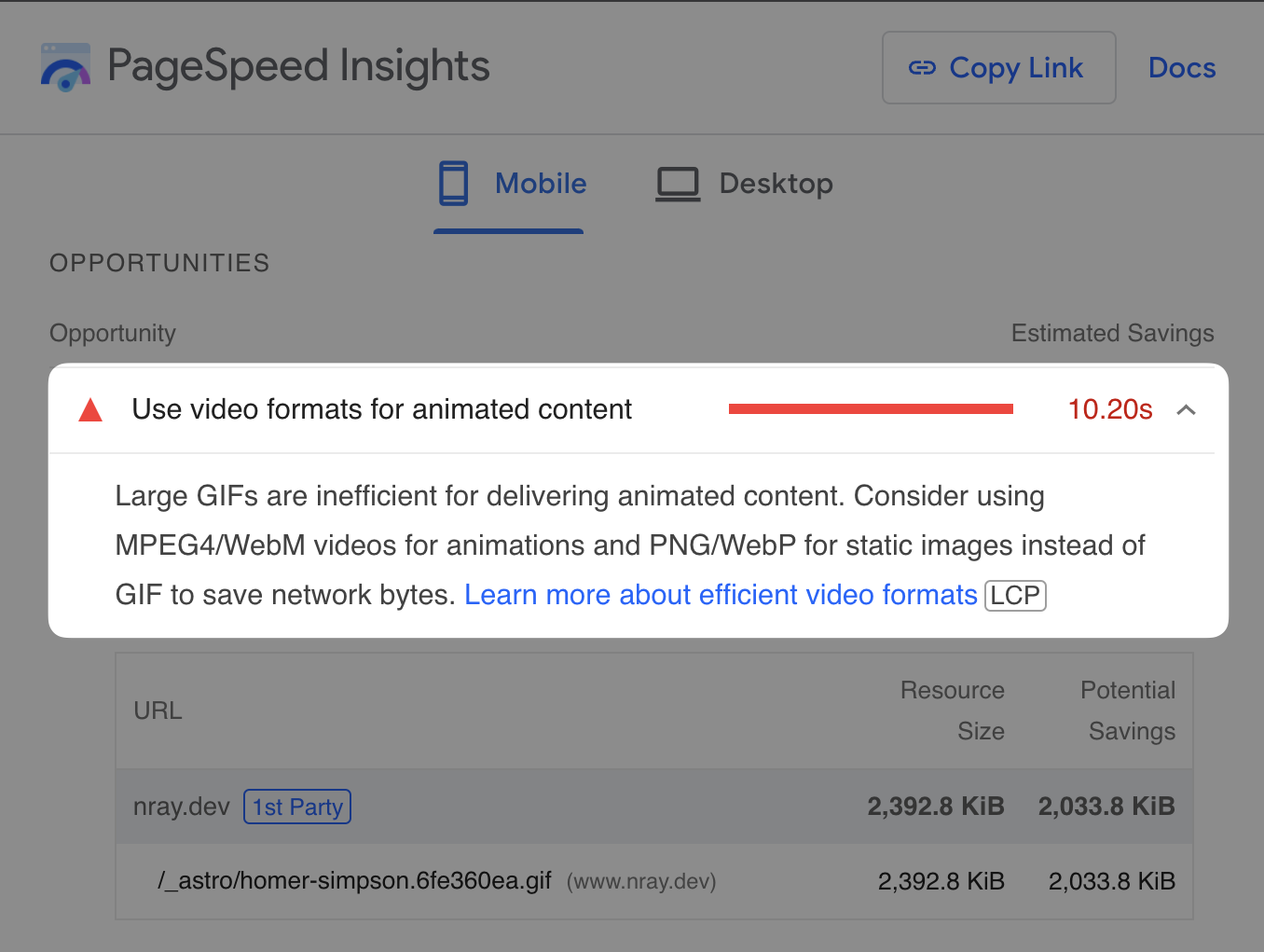 PageSpeed Insights report showing a failing `Use video formats for animated content` audit.