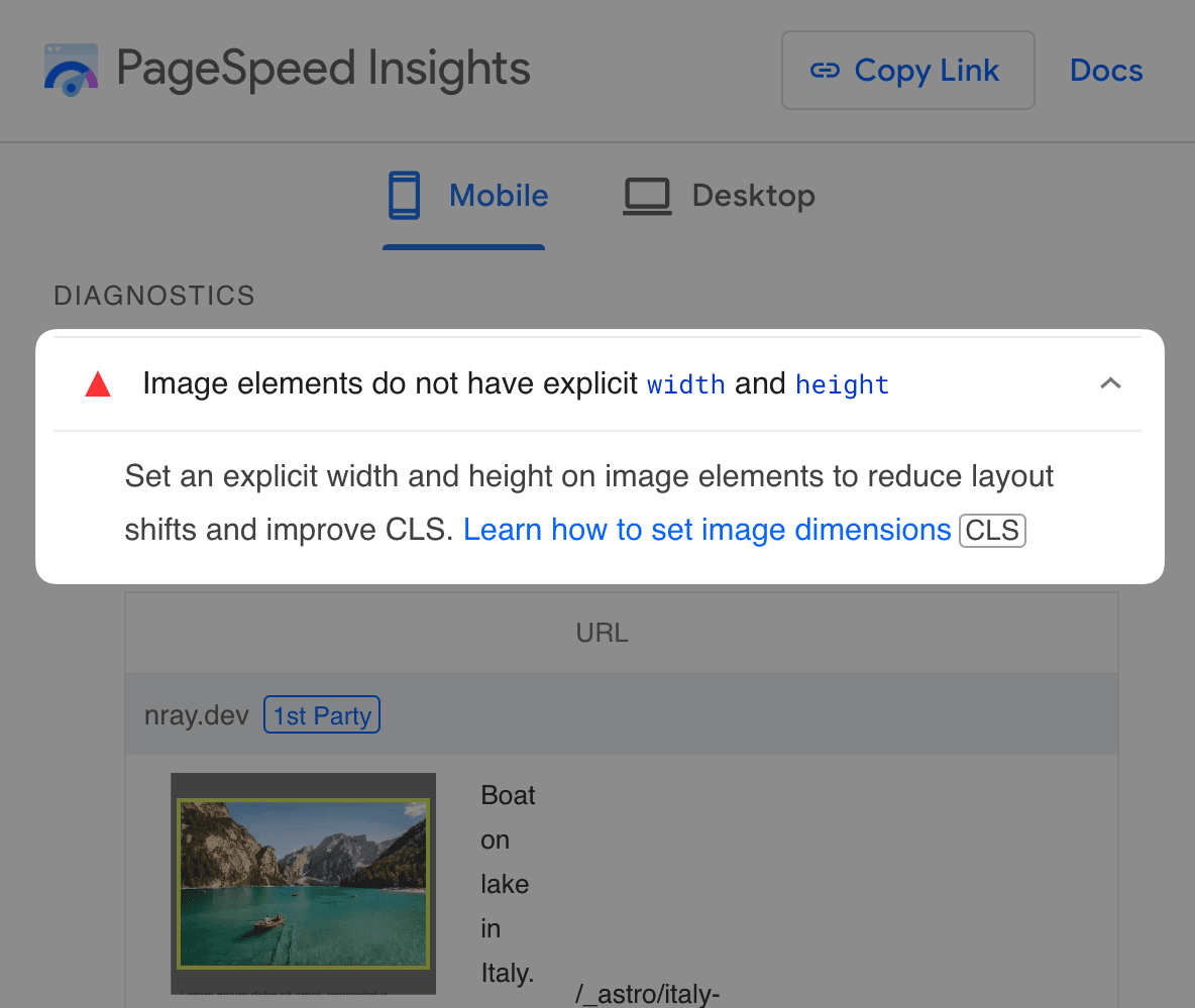 PageSpeed Insights report showing a failing `Image elements do not have explicit width and height` audit.