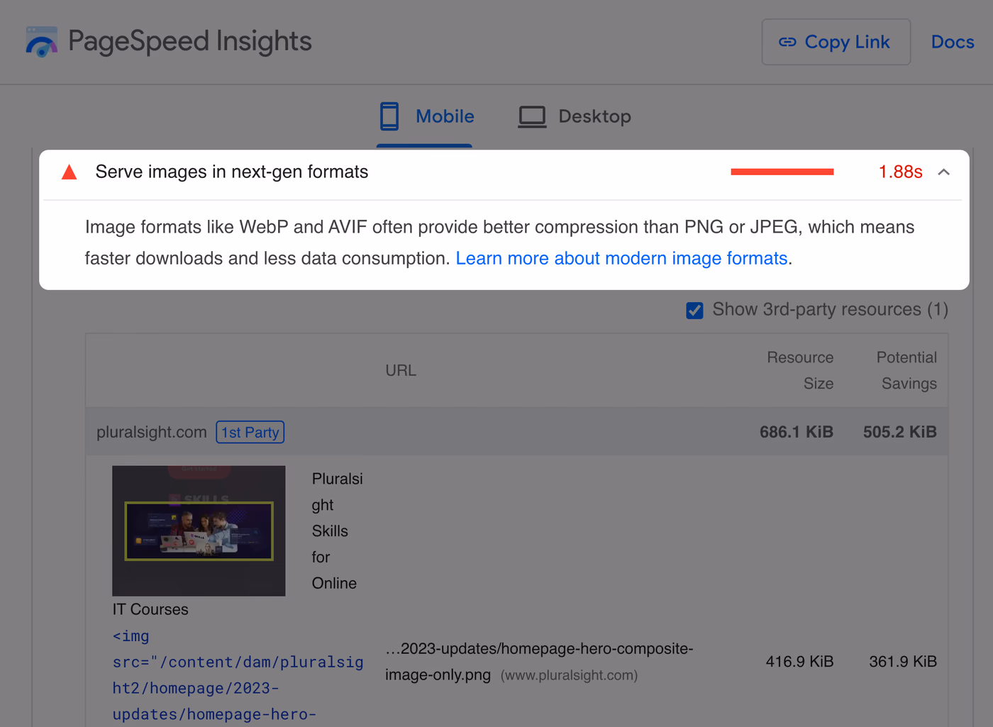 PageSpeed Insights report showing a failing `serve images next-gen formats` audit.