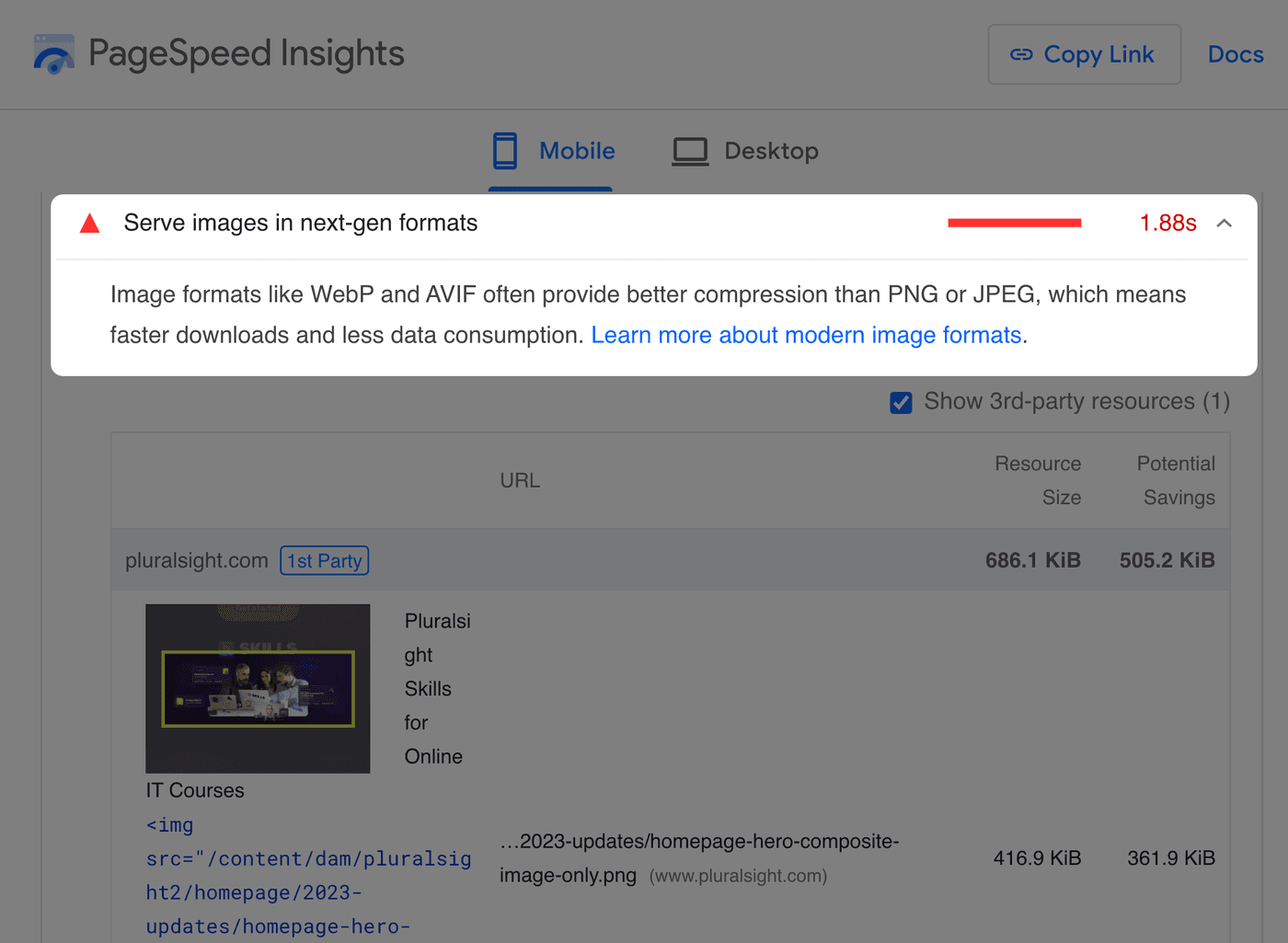 PageSpeed Insights report showing a failing `serve images next-gen formats` audit.