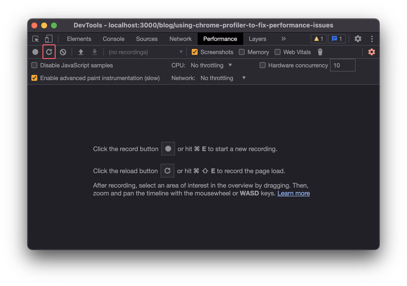 Chrome DevTools performance panel with the button to profile page load highlighted.
