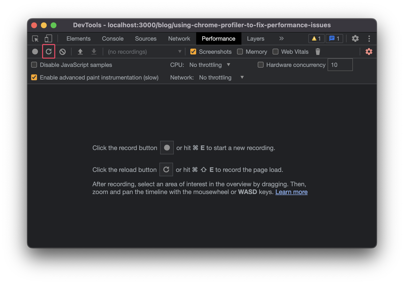 Chrome DevTools performance panel with the button to profile page load highlighted.