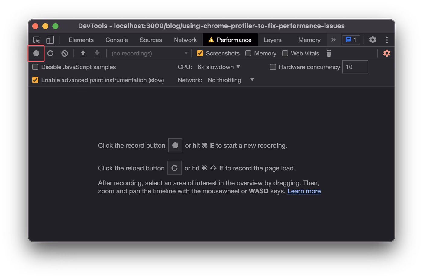 Chrome DevTools performance panel with the record button highlighted.