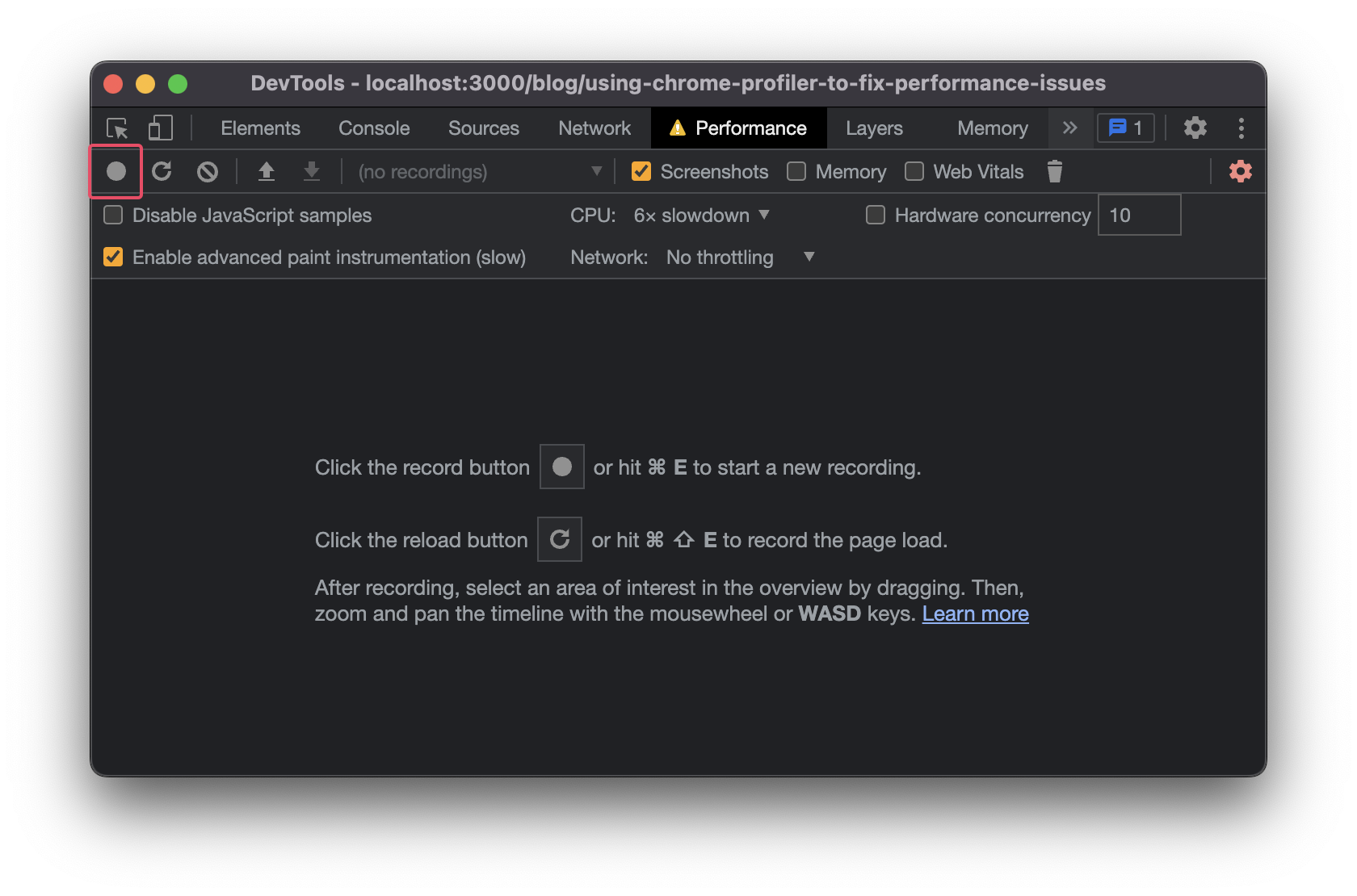 Chrome DevTools performance panel with the record button highlighted.