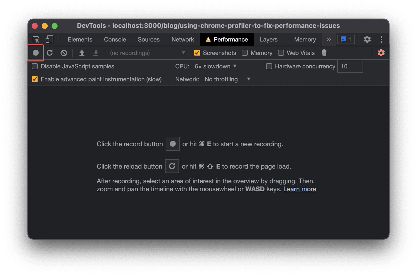 Chrome DevTools performance panel with the record button highlighted.