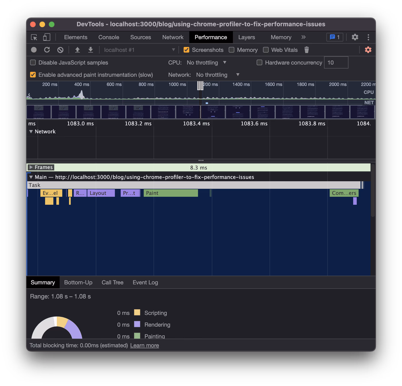 Chrome DevTools performance panel with profiling results shown.