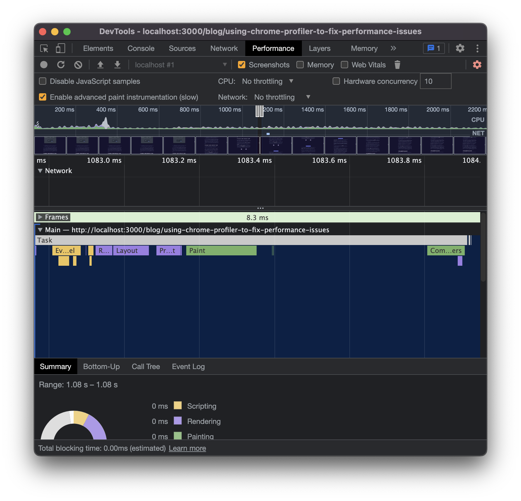 Chrome DevTools performance panel with profiling results shown.