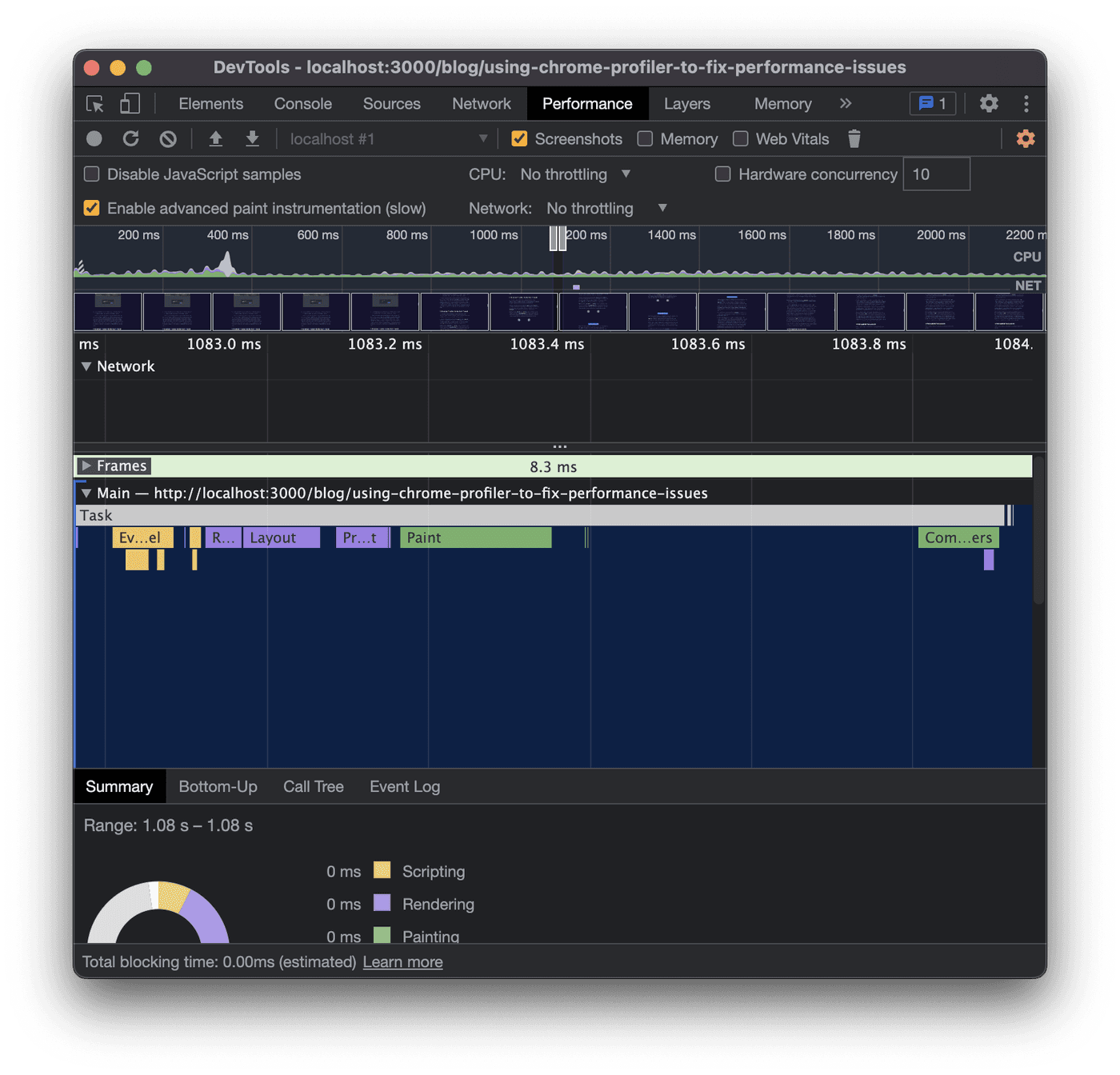 Chrome DevTools performance panel with profiling results shown.
