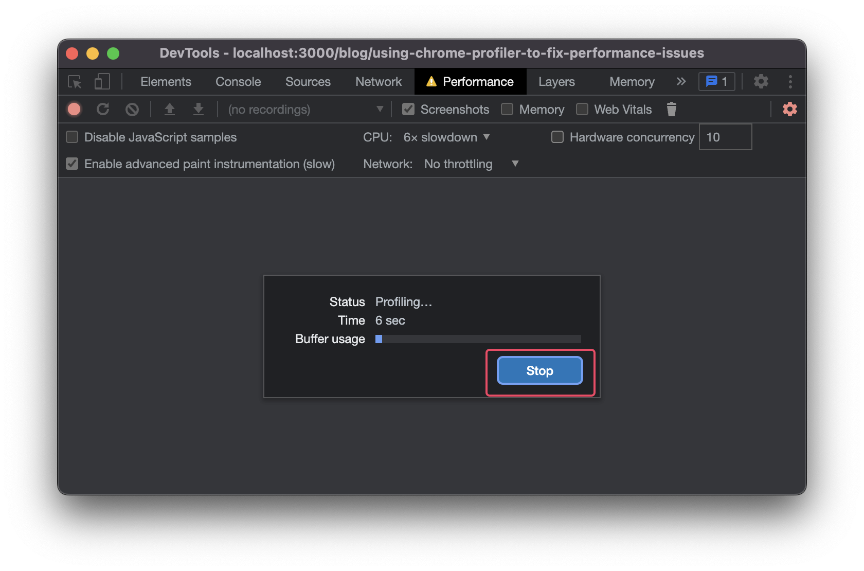 Chrome DevTools performance panel with the stop button highlighted.