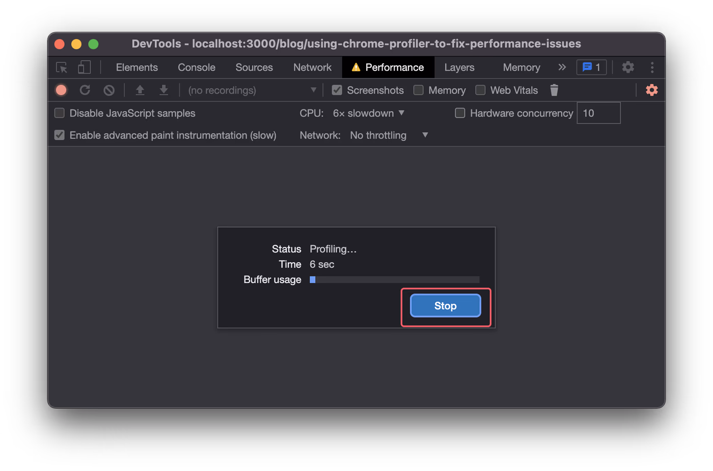 Chrome DevTools performance panel with the stop button highlighted.