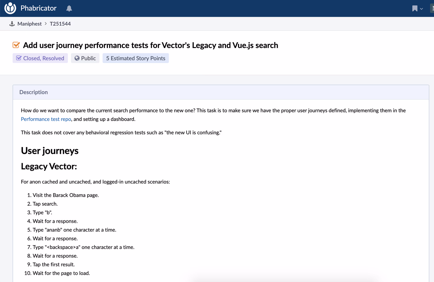 Phabricator ticket T251544 which is titled 'Add user journey performance tests for Vector Legacy and Vue.js search'
