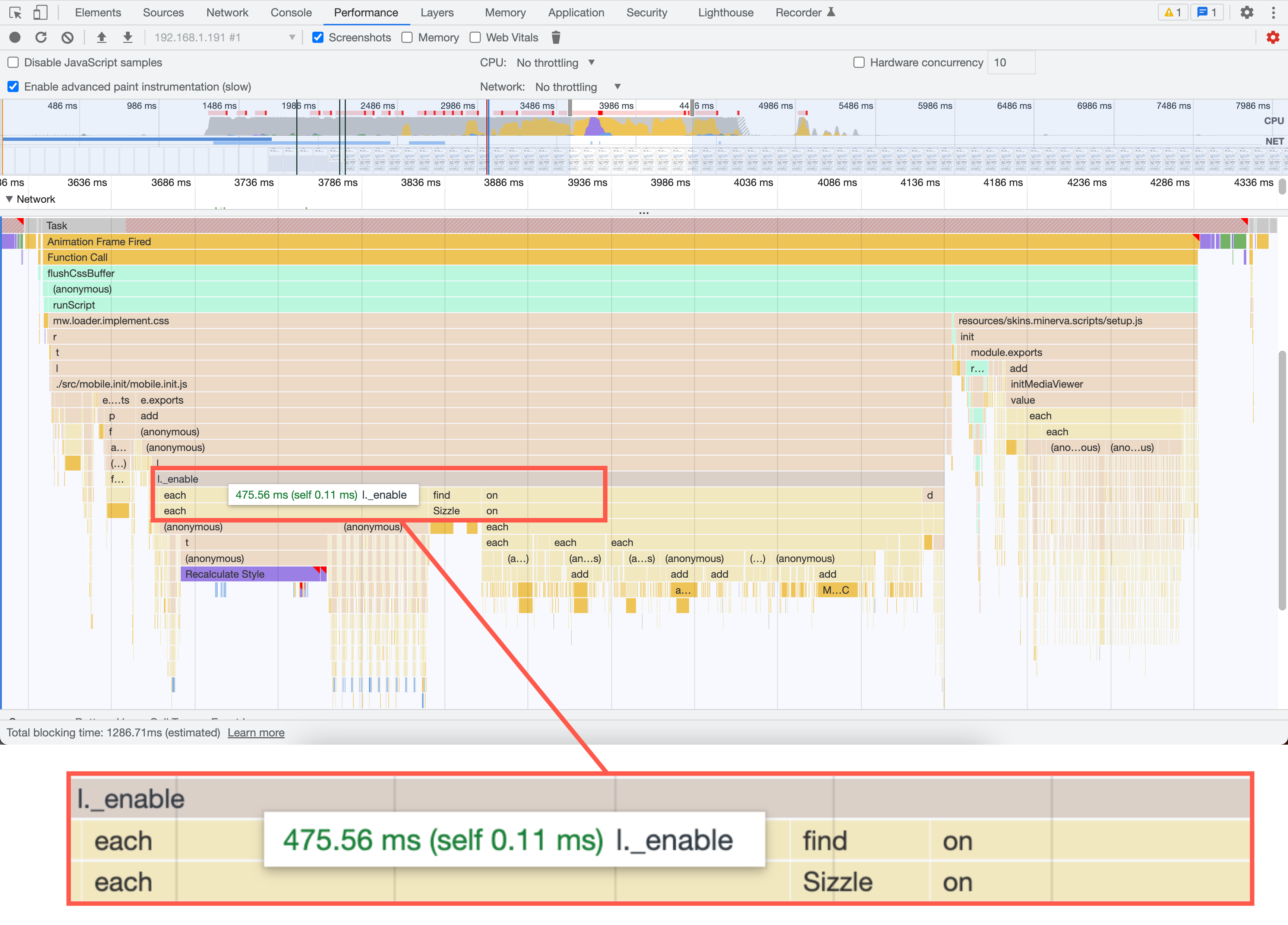 Chrome performance profile showing that a `_enable` method took 475ms to execute.