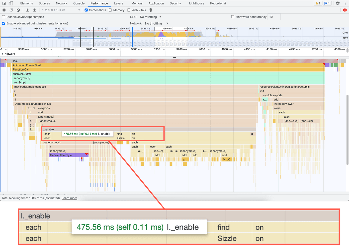 Chrome performance profile showing that a `_enable` method took 475ms to execute.