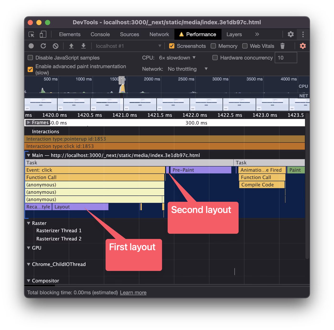 Performance profile of a forced synchronous layout showing one layout bar underneath the JS bars and one subsequent layout bar.