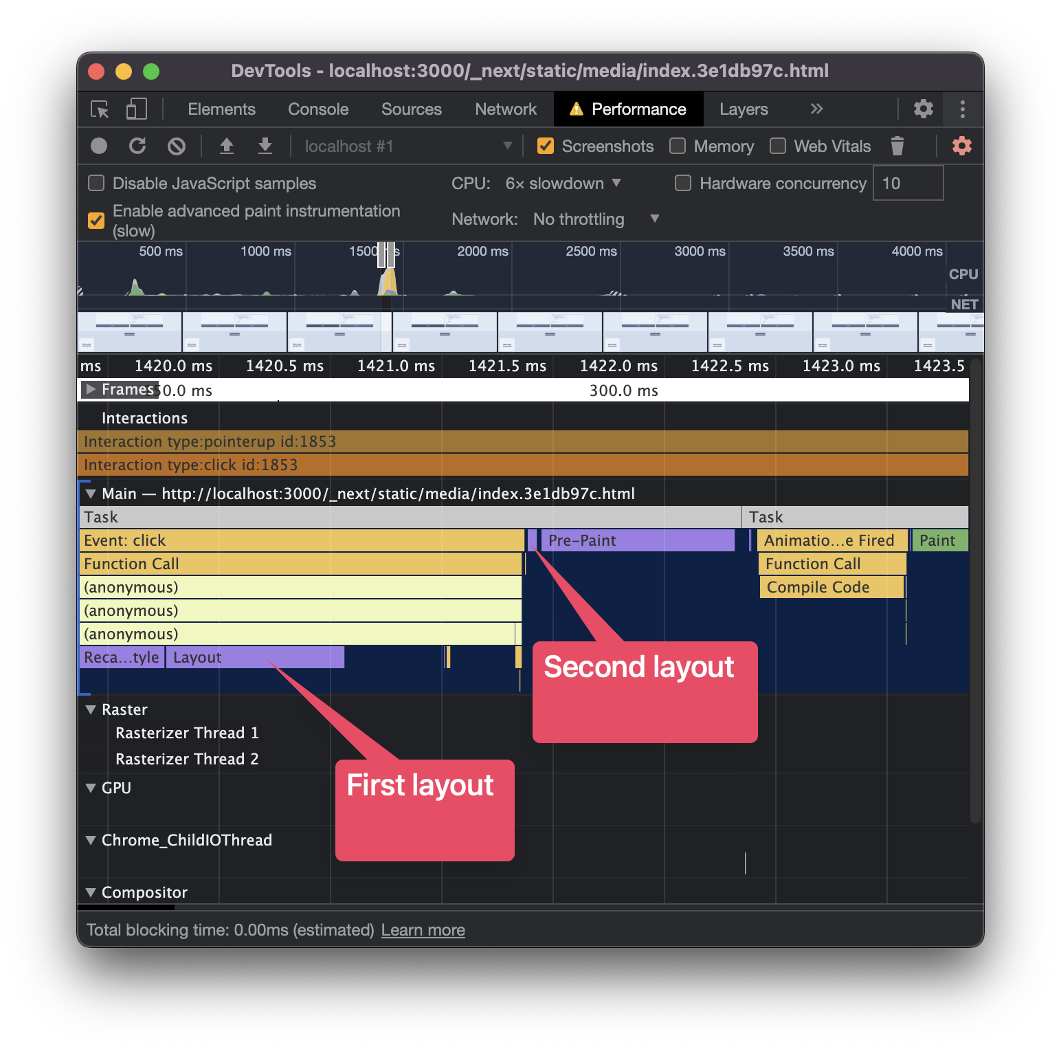 Performance profile of a forced synchronous layout showing one layout bar underneath the JS bars and one subsequent layout bar.