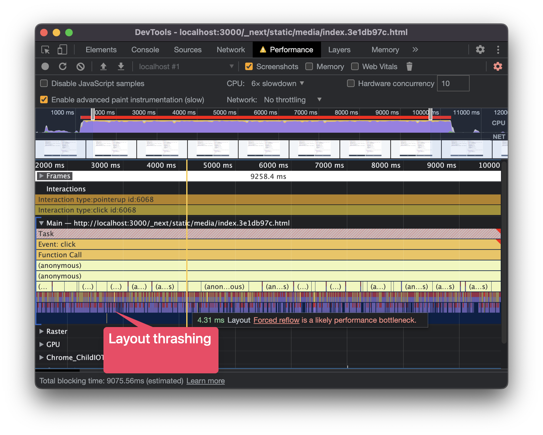 Performance profile of a layout thrashing showing many layout bars underneath the JS bar.