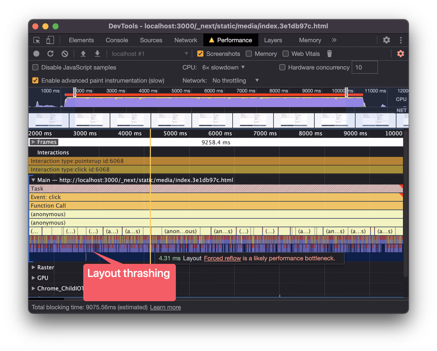 Performance profile of a layout thrashing showing many layout bars underneath the JS bar.