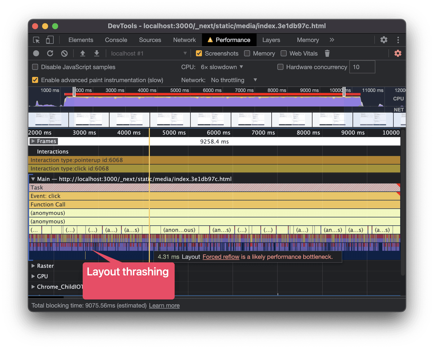 Performance profile of a layout thrashing showing many layout bars underneath the JS bar.