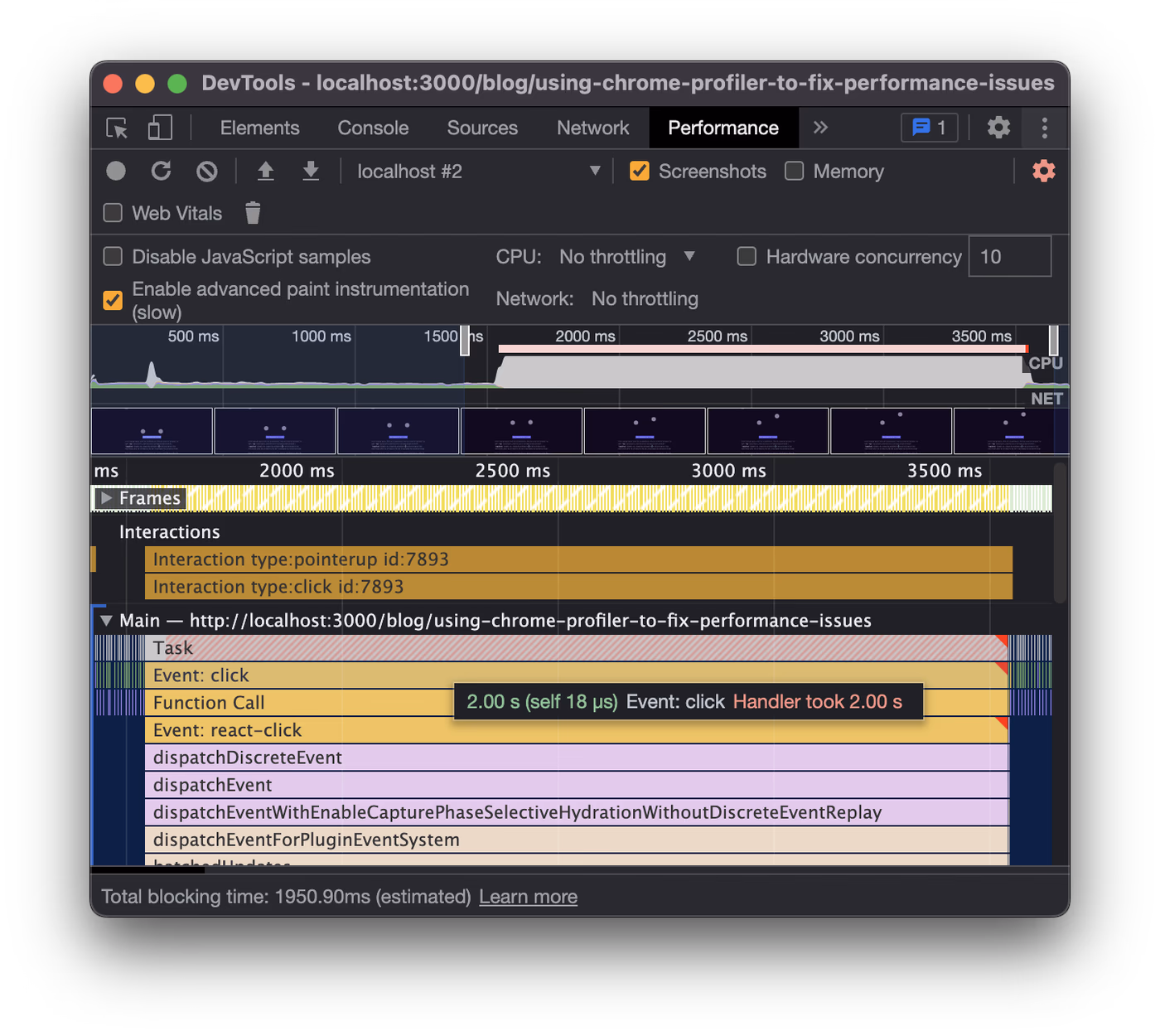 Performance profile of an animation running on the main thread that is blocked by a click handler.