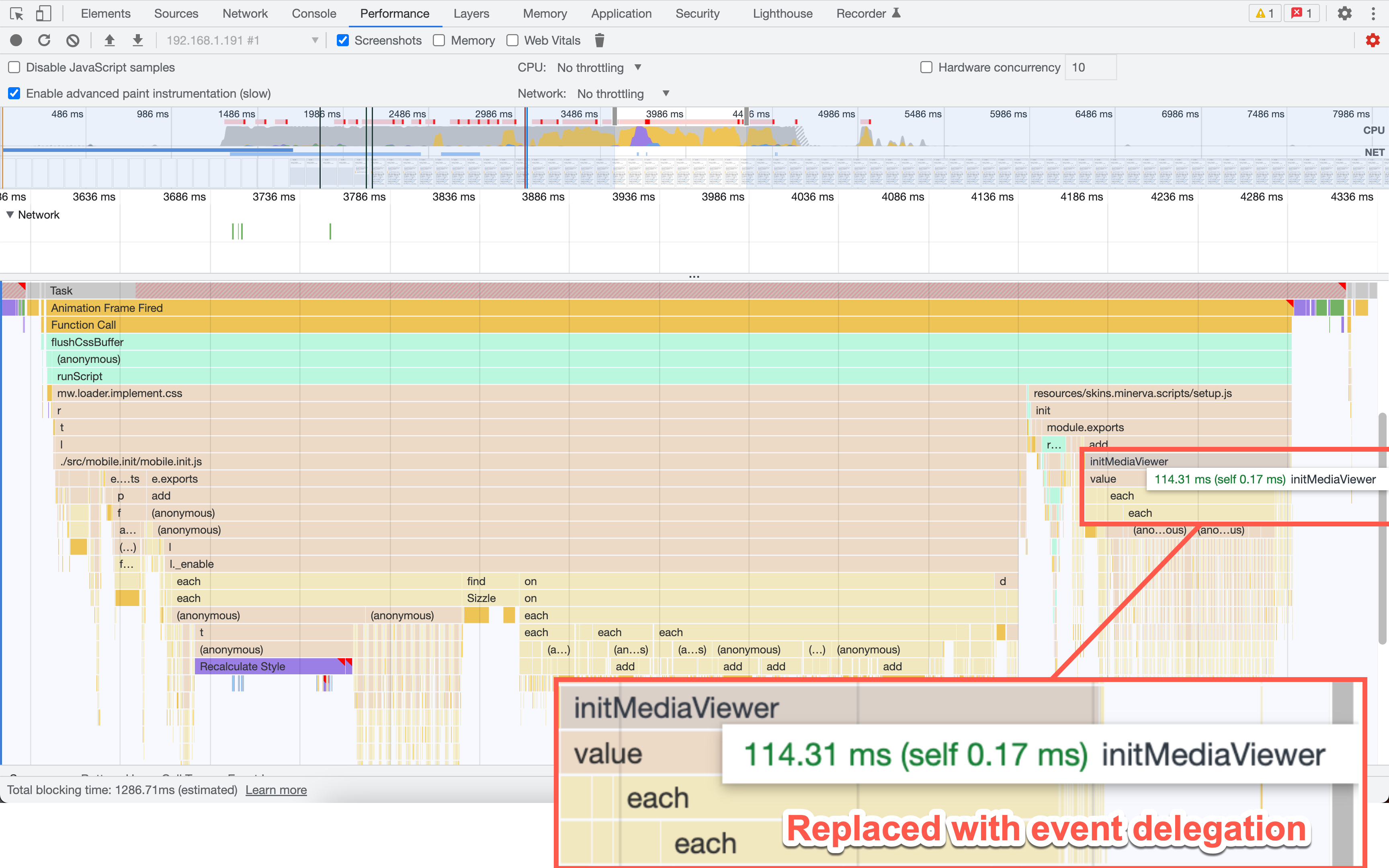 Chrome performance profile showing that an `initMediaViewer` method took 114ms to execute.