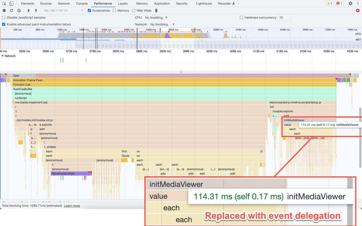 Chrome performance profile showing that an `initMediaViewer` method took 114ms to execute.