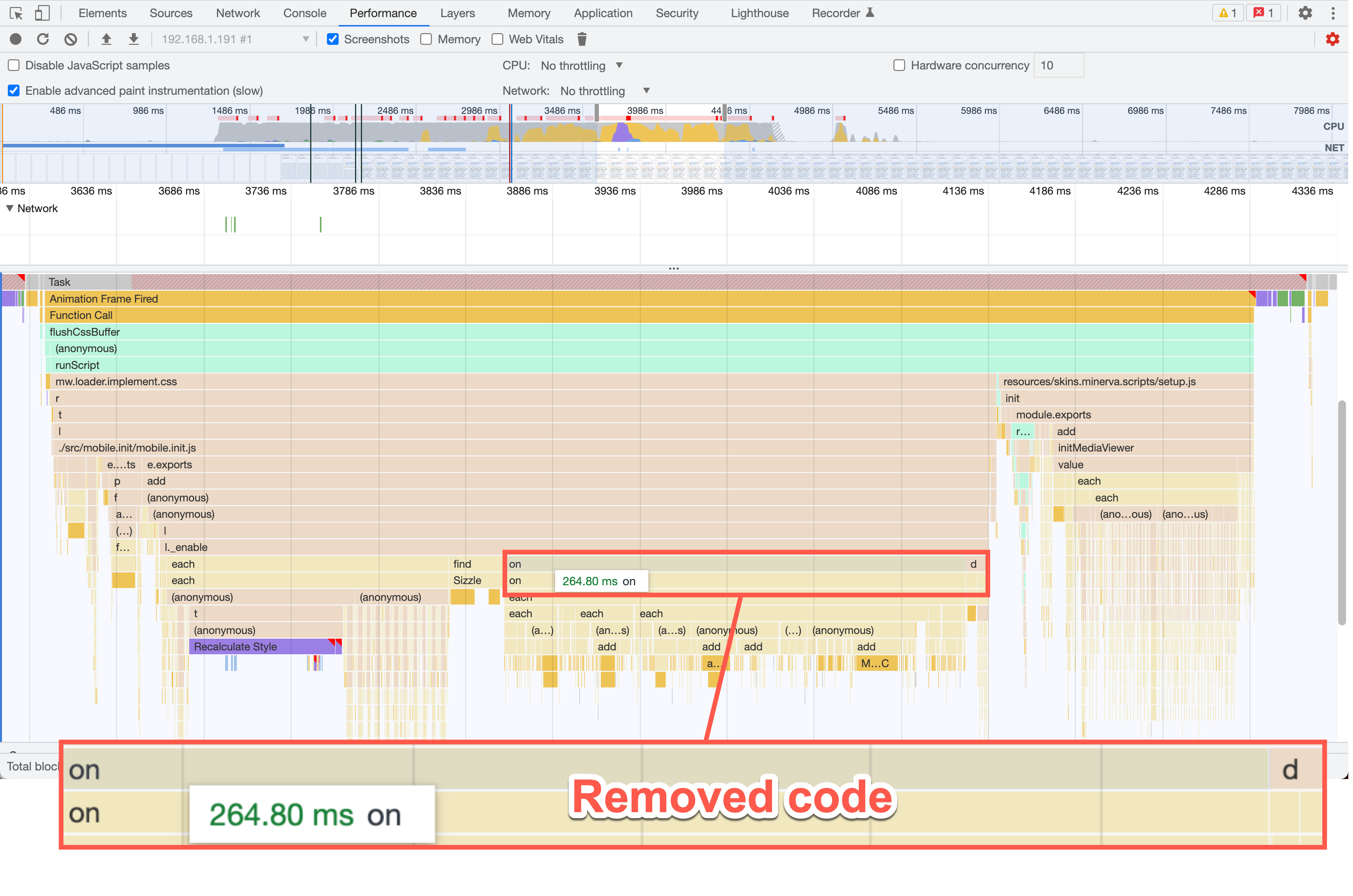 Chrome performance profile showing that an `on` method took 264ms to execute. All of this code was removed.