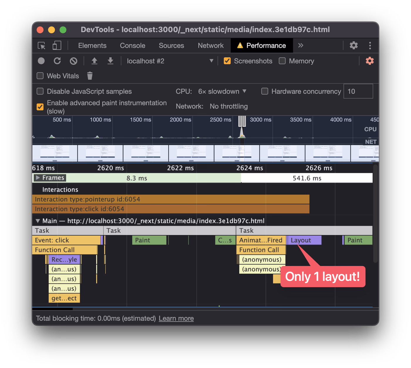 Performance profile without any forced synchronous layouts. Only 1 layout calculation is present before the relevant paint bar.