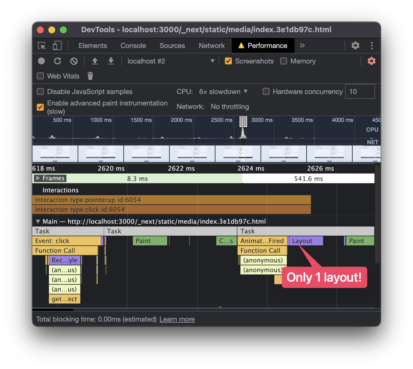 Performance profile without any forced synchronous layouts. Only 1 layout calculation is present before the relevant paint bar.