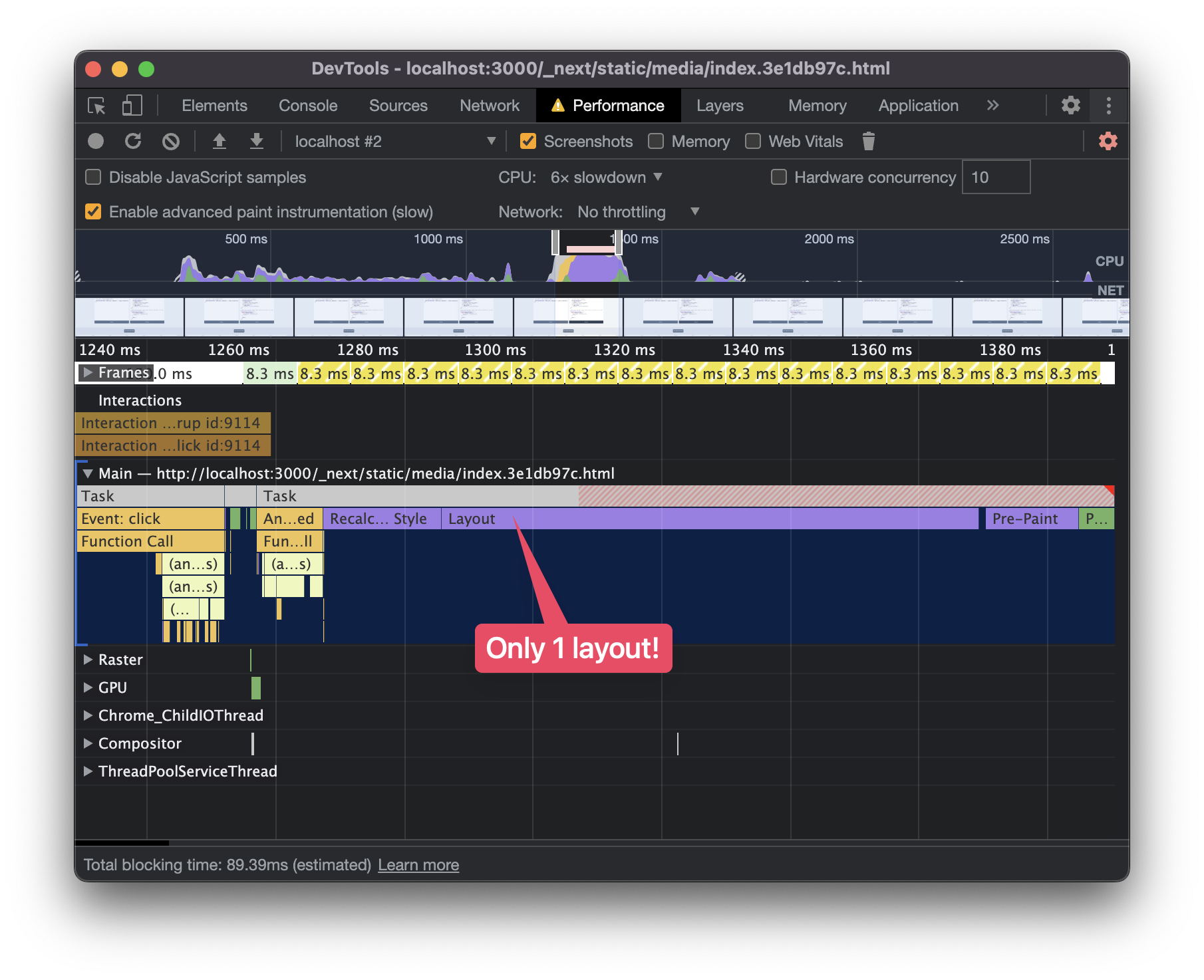 Performance profile that is free from layout thrashing. There is only 1 layout bar before the paint bar.