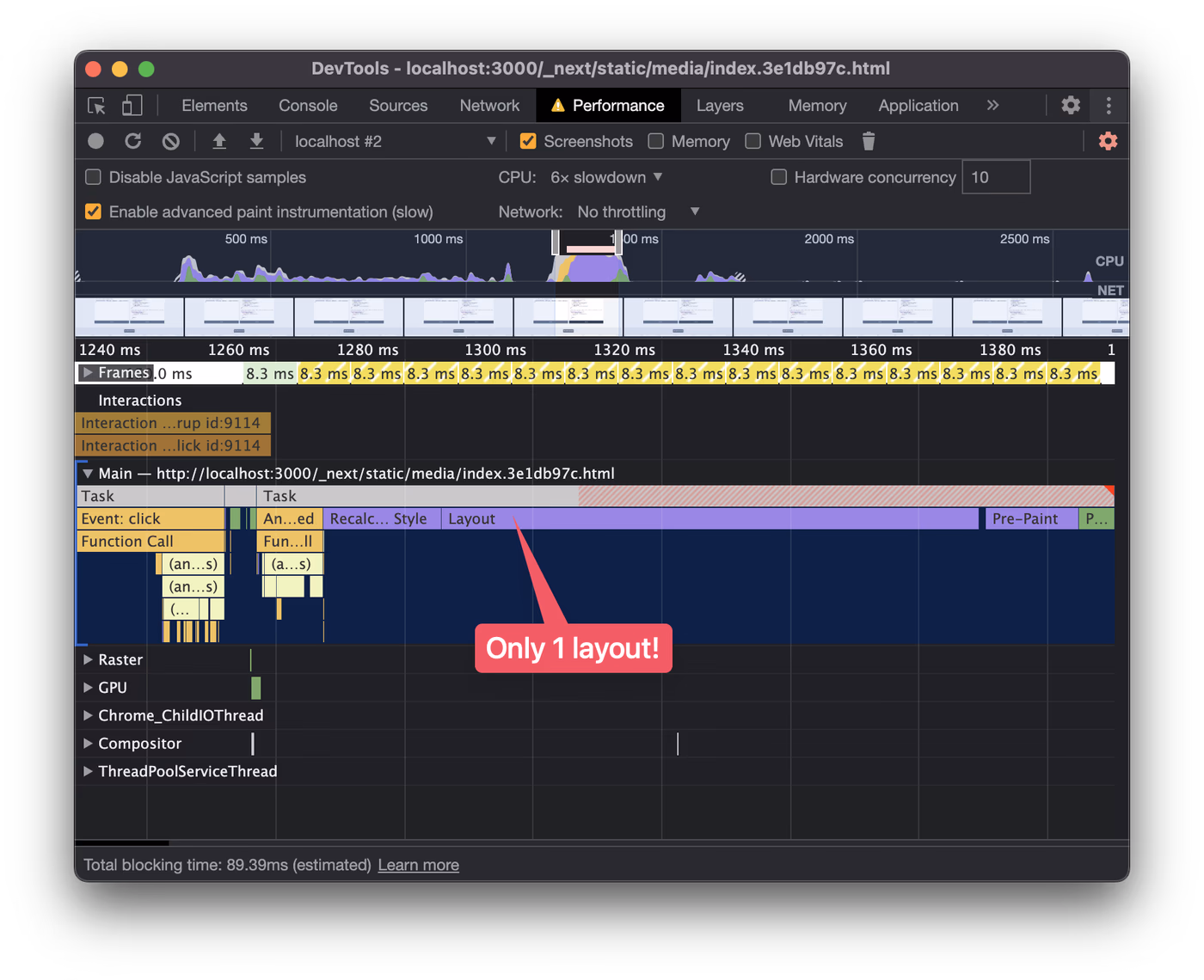 Performance profile that is free from layout thrashing. There is only 1 layout bar before the paint bar.