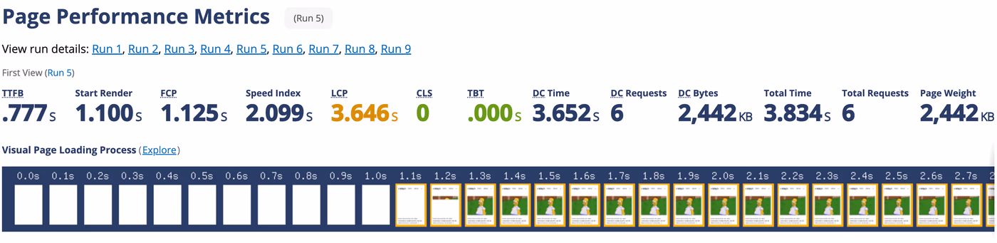WebPageTest baseline showing 3.646 LCP.