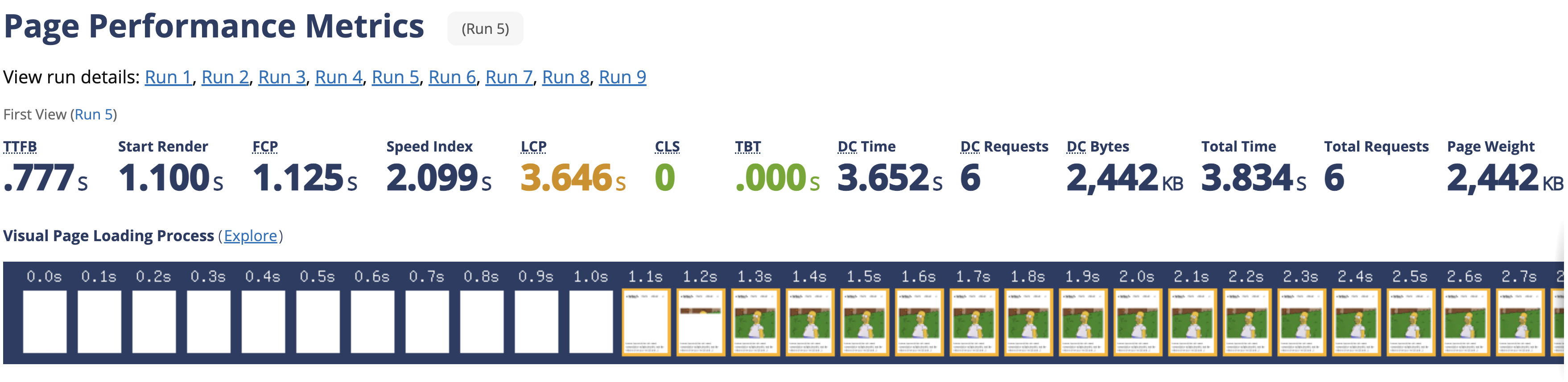 WebPageTest baseline showing 3.646 LCP.