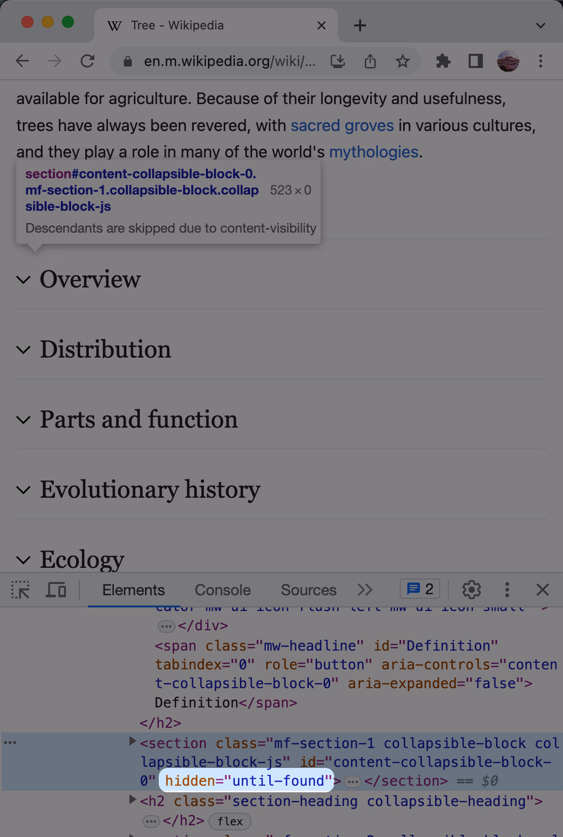 Screenshot of Wikipedia's mobile site showing many collapsed article sections. Chrome DevTools shows that a "hidden=until-found" attribute hides most of the sections.